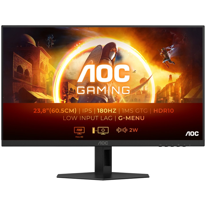 AOC gaming monitor, 23,8", IPS, FHD, 180 Hz, 1 ms, 0,5 ms, HDR10, FlickerFree, hangszórók 2W x 2, HDMI, DisplayPort, 24G4XE, fekete