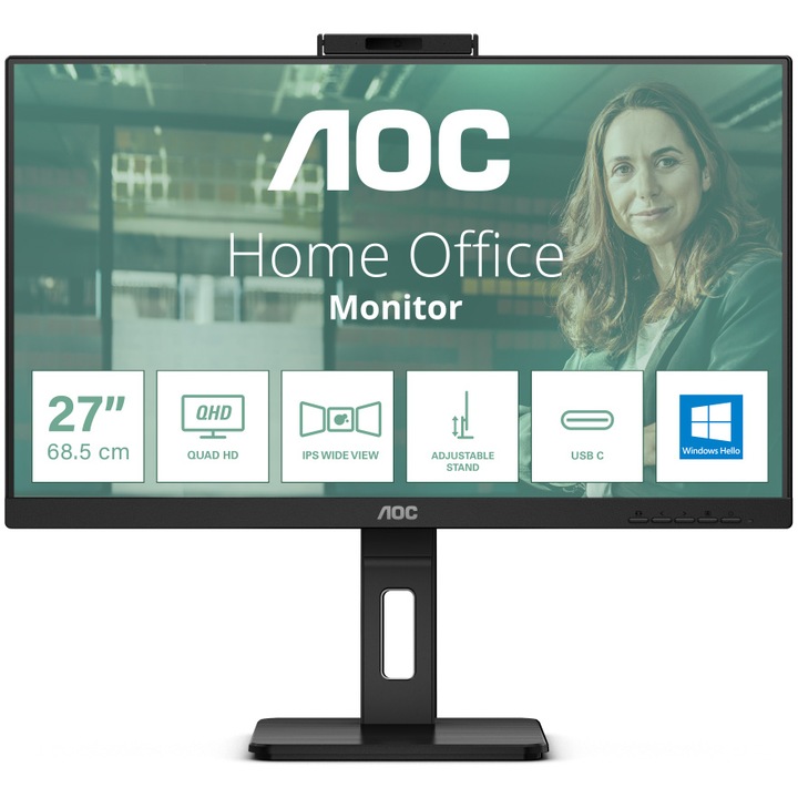 AOC monitor, 23,8", IPS, FHD, 75 Hz, 4 ms, FlickerFree, Hangszórók 5W x 2, Webkamera, HA, Pivot, HDMI, DisplayPort, USB, hub, 24P3QW, fekete