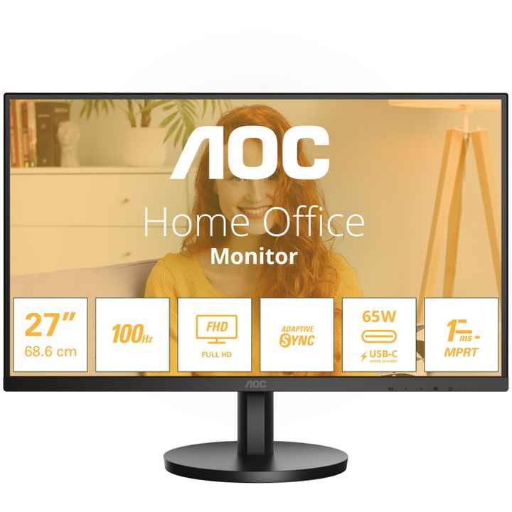 AOC monitor, 27", IPS, FHD, 100 Hz, 4 ms, 1 ms, FlickerFree, hangszórók 2W x 2, HDMI, USB, hub, USC-C, 27B3CA2, fekete