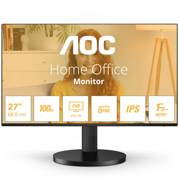 AOC 27" WLED IPS monitor, Full HD, 100Hz, 1ms, Adaptive Sync, FlickerFree, 2W x 2 hangszórók, HDMI, VESA, Fekete