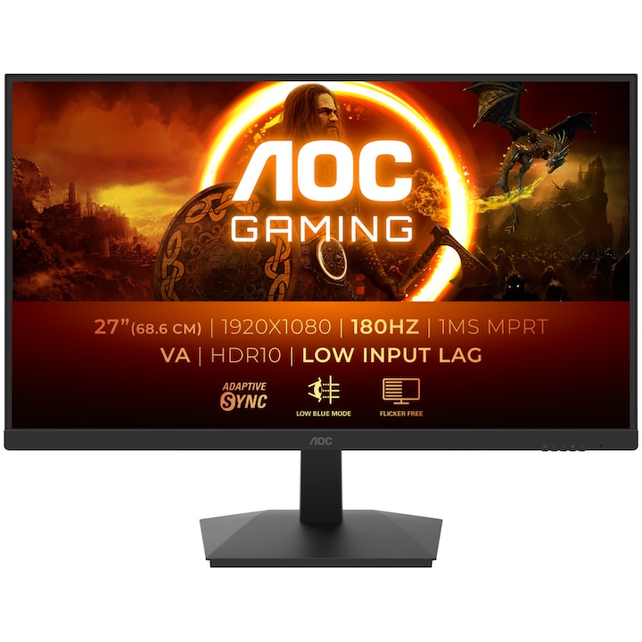 AOC játékmonitor, 27", VA, FHD, 180 Hz, 1 ms, HDR10, FlickerFree, HDMI, DisplayPort, 27G15N2, fekete