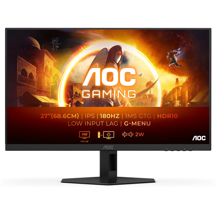 AOC 27G4XE Gaming monitor, 27", IPS, FHD, 180 Hz, 1 ms, 0,5 ms, HDR10, FlickerFree, 2W x 2 hangszóró, HDMI, DisplayPort, fekete