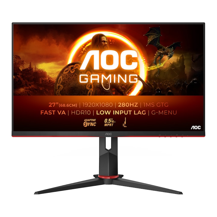 ΠΠΎΠ½ΠΈΡΠΎΡ Gaming AOC, 27", VA, FHD, 280Hz, 1ms, 0.5ms, HDR10, FlickerFree, HA, Pivot, HDMI, DisplayPort, 27G2ZN3/BK, ΡΠ΅ΡΠ΅Π½