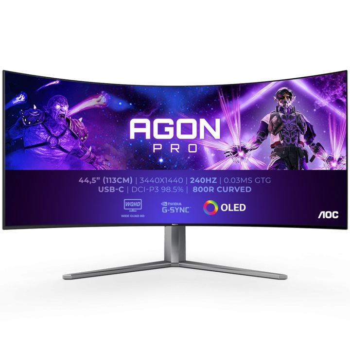 Gaming Monitor AOC, AGON, PRO, ívelt, 34", QD-OLED, WQHD, 175 Hz, 0,03 ms, HDR400, TrueBlack, FlickerFree, Hangszórók, 8Wx2, HA, HDMI, DisplayPort, USB, hub, RGB, Light, FX, AG346UCD, fekete