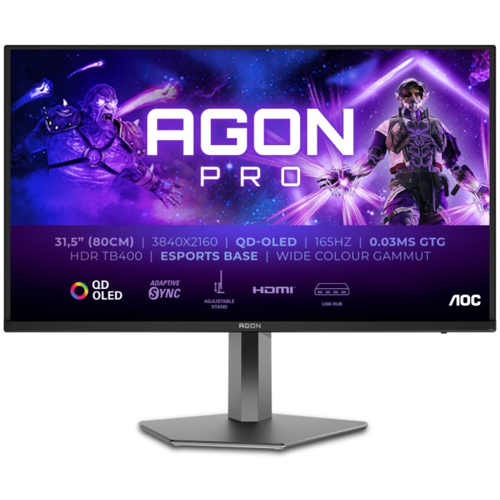 Gaming Monitor AOC, AGON, PRO, 31,5", QD-OLED, 4K, UHD, 165 Hz, 0,03 ms, HDR400, TrueBlack, FlickerFree, Hangszórók, 8Wx2, HA, Pivot, HDMI, DisplayPort, USB, hub, RGB, Light, FX, AG326UD, fekete