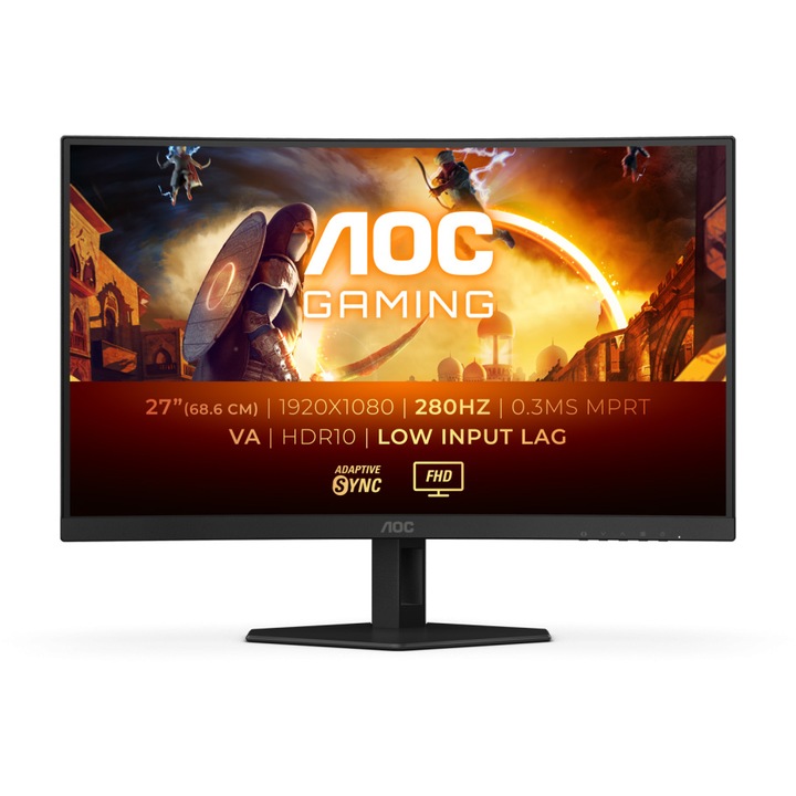 AOC C27G4ZXE Gaming monitor, ívelt, 27", VA, FHD, 280 Hz, 1 ms, 0,3 ms, HDR10, FlickerFree, HDMI, DisplayPort, fekete