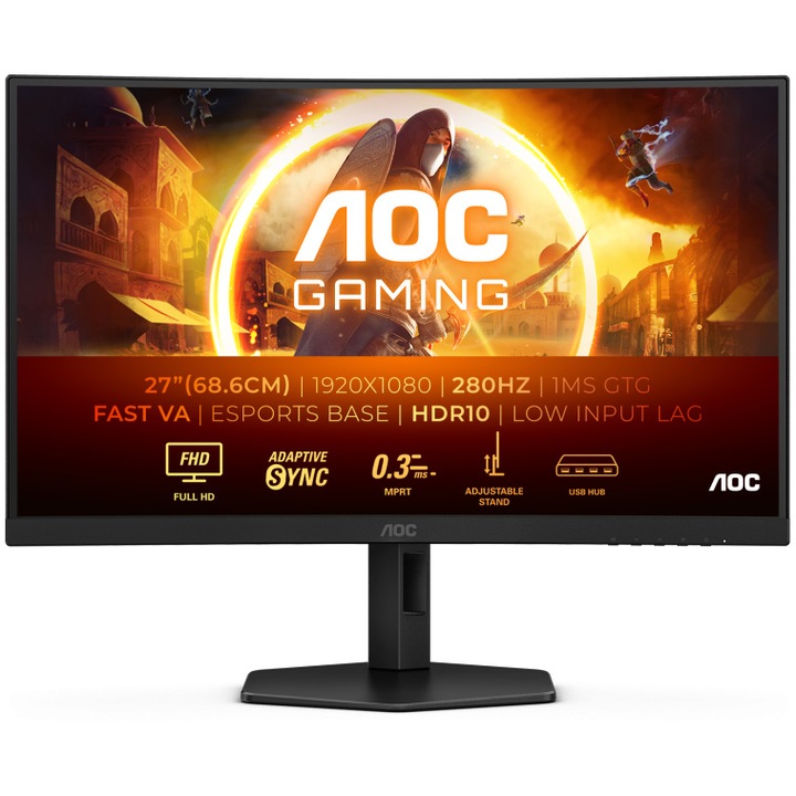 AOC játékmonitor, ívelt, 27", VA, FHD, 280 Hz, 1 ms, 0,3 ms, HDR10, FlickerFree, hangszórók 2W x 2, HA, Pivot, HDMI, DisplayPort, USB, hub, C27G4ZXU, fekete