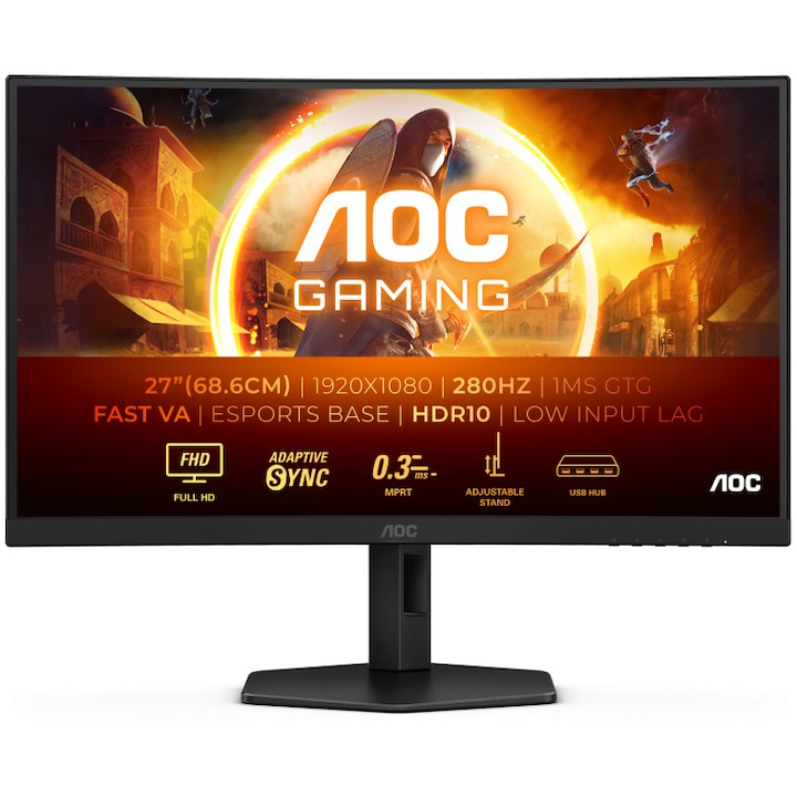 ΠΠΎΠ½ΠΈΡΠΎΡ Π·Π° ΠΈΠ³ΡΠΈ AOC, ΠΈΠ·Π²ΠΈΡ, 27", VA, FHD, 280Hz, 1ms, 0.3ms, HDR10, FlickerFree, Π²ΠΈΡΠΎΠΊΠΎΠ³ΠΎΠ²ΠΎΡΠΈΡΠ΅Π»ΠΈ 2W x 2, HA, Pivot, HDMI, DisplayPort, USB, Ρ
ΡΠ±, C27G4ZXU, ΡΠ΅ΡΠ΅Π½