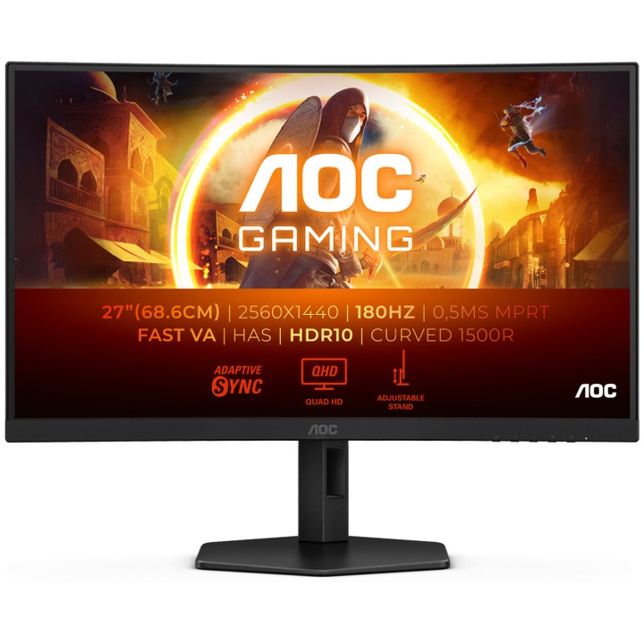 AOC Gaming monitor, ívelt, 27", VA, QHD, 180 Hz, 1 ms, 0,5 ms, HDR10, FlickerFree, HA, HDMI, DisplayPort, CQ27G4X, fekete