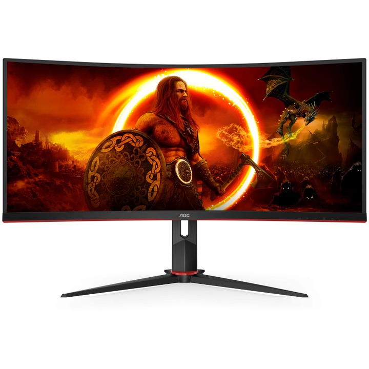 AOC gaming monitor, ívelt, 34", VA, WQHD, 180 Hz, 1 ms, HDR400, FlickerFree, HA, HDMI, DisplayPort, USB, hub, CU34G2XP/BK, fekete