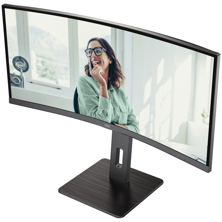 Монитор AOC, Извит, 34", VA, WQHD, 100Hz, 4ms, 1ms, FlickerFree, Високоговорители 5W x 2, HA, HDMI, DisplayPort, USB, hub, USC-C, KVM, RJ45, CU34P3CV, Черен