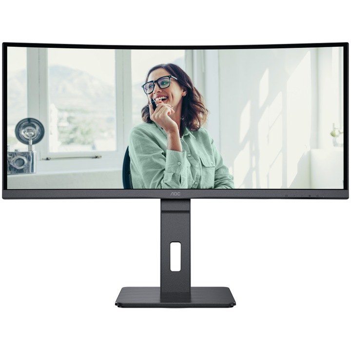 AOC ívelt monitor, 34", VA, WQHD, 100 Hz, 4 ms, 1 ms, FlickerFree, hangszórók 5W x 2, HA, HDMI, DisplayPort, USB, hub, USC-C, KVM, RJ45, CU34P3CV, fekete