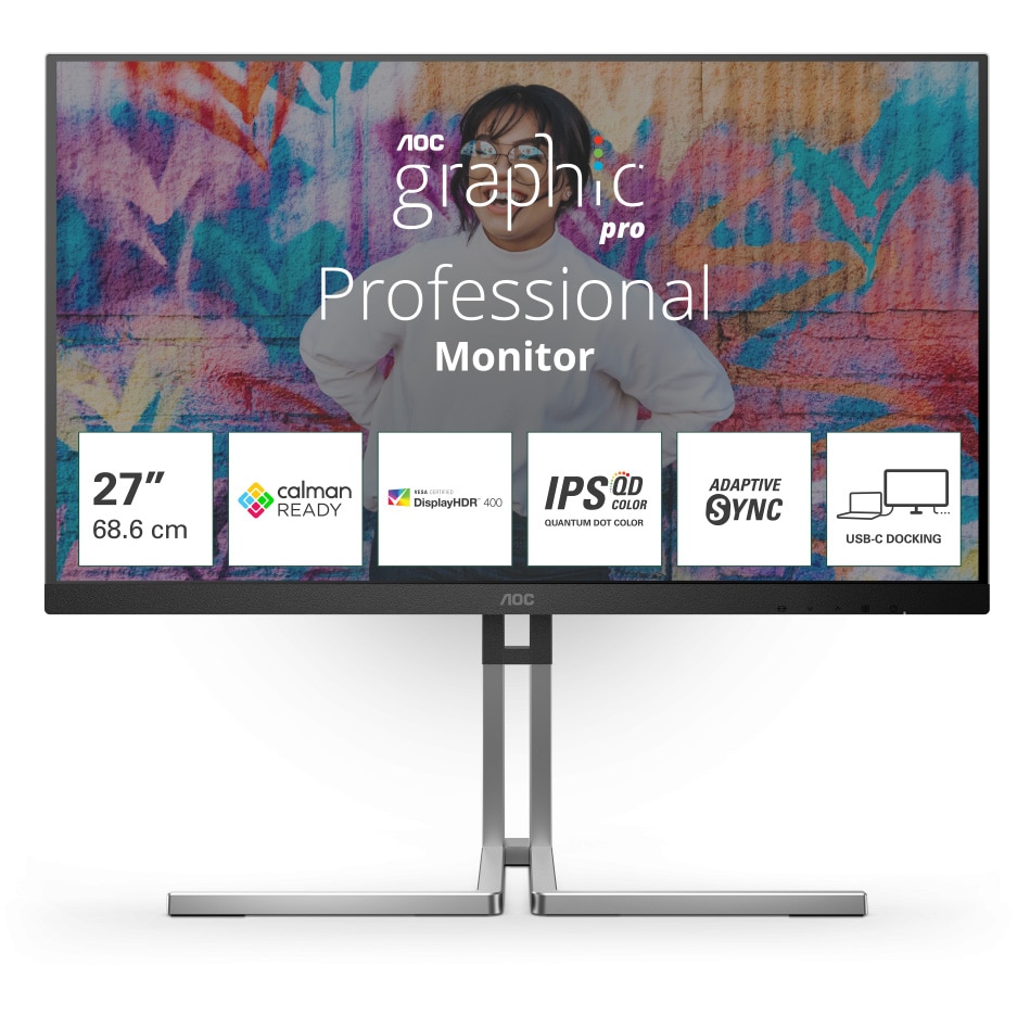 Monitor AOC, 27", IPS, QD, QHD, 75Hz, 4ms, HDR400, FlickerFree, Boxe 3W x 2, HA, Pivot, HDMI, DisplayPort, DaisyChain, USB, hub, USC-C, RJ45, Q27U3CV, Negru