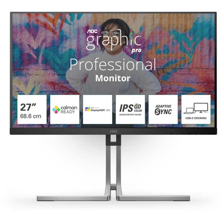 AOC monitor, 27", IPS, QD, QHD, 75 Hz, 4 ms, HDR400, FlickerFree, Hangszórók 3W x 2, HA, Pivot, HDMI, DisplayPort, DaisyChain, USB, hub, USC-C, RJ45, Q27U3CV, fekete