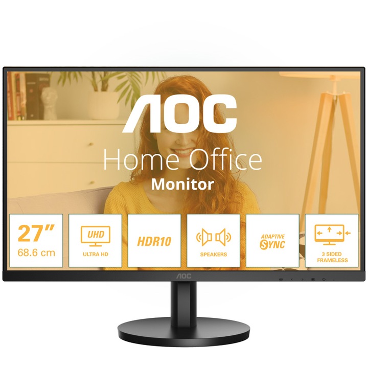 AOC U27B3A IPS monitor, 27", 4K UHD, 60 Hz, 4 ms, HDR10, FlickerFree, Hangszórók 2W x 2, HDMI, DisplayPort, Fekete
