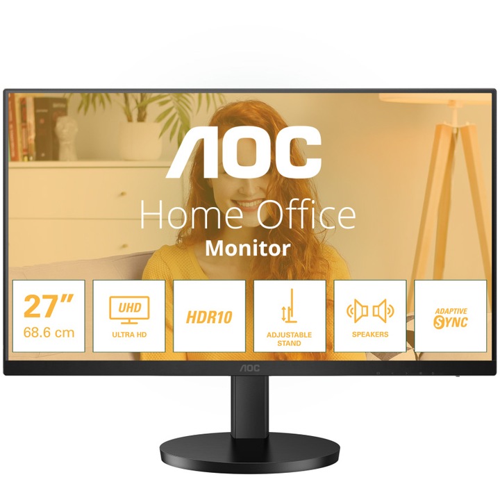 AOC monitor, 27", IPS, 4K, UHD, 60 Hz, 4 ms, HDR10, FlickerFree, hangszórók 2W x 2, HA, HDMI, DisplayPort, U27B3AF, fekete