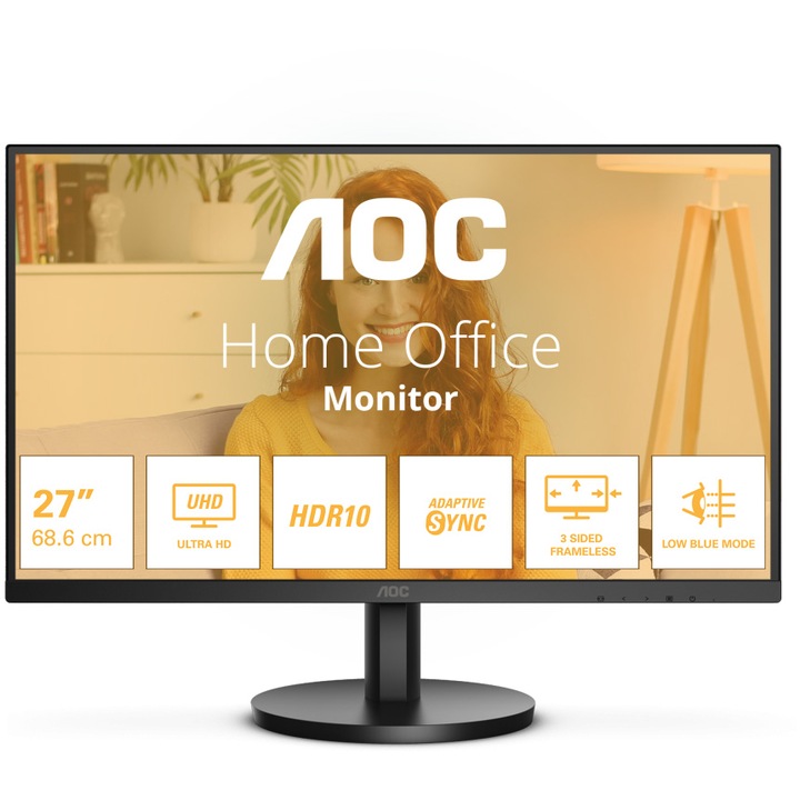 AOC U27B3M monitor, 27" VA, 4K, UHD, 60Hz, 4ms, HDR10, 2W x 2 hangszóró, HDMI, DisplayPort, fekete