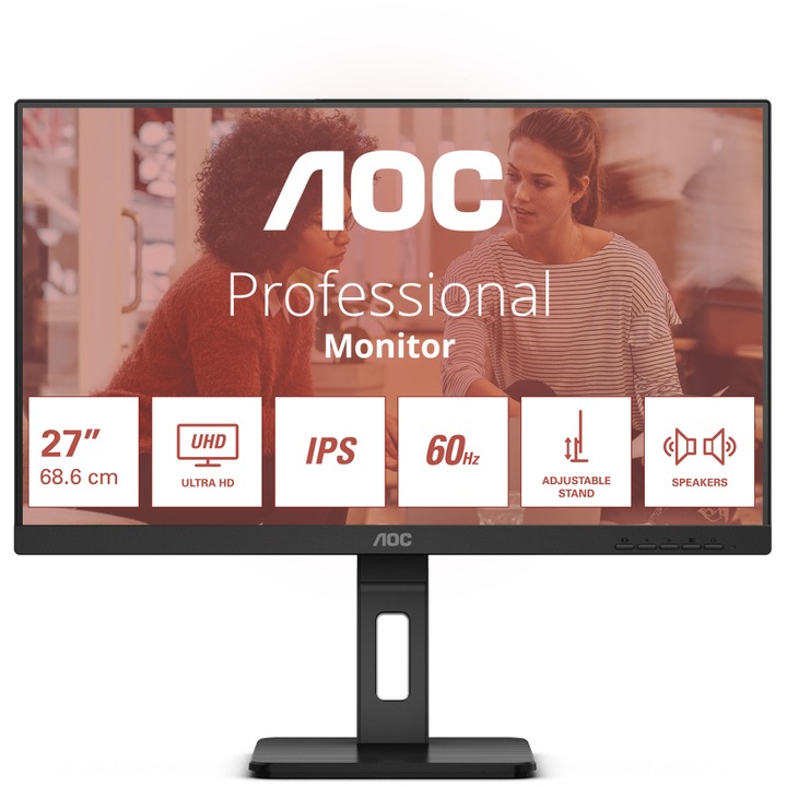 AOC U27E3UF monitor, 27", IPS, 4K, UHD, 60 Hz, 4 ms, FlickerFree, Hangszórók 2W x 2, HA, Pivot, HDMI, DisplayPort, USB, hub, fekete