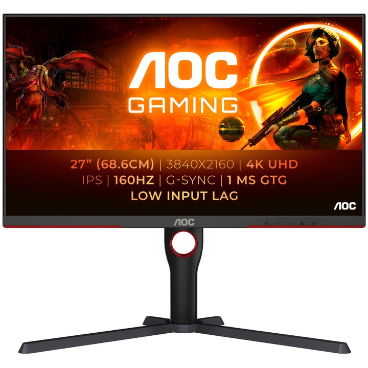 AOC játékmonitor, 27", IPS, 4K, UHD, 160 Hz, 1 ms, HDR400, FlickerFree, HA, Pivot, HDMI, DisplayPort, U27G3X/BK, fekete