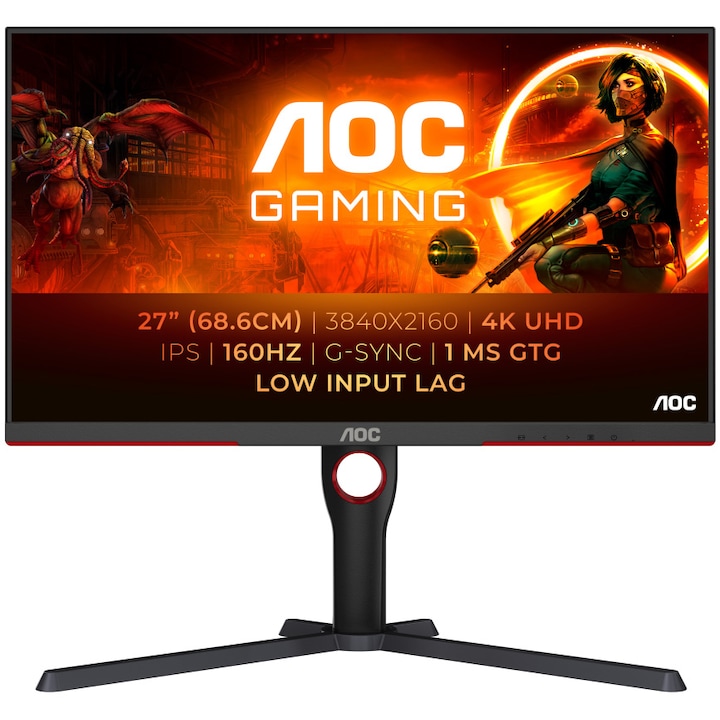 Монитор за игри AOC, 27", IPS, 4K, UHD, 160Hz, 1ms, HDR400, FlickerFree, HA, Pivot, HDMI, DisplayPort, U27G3X/BK, черен