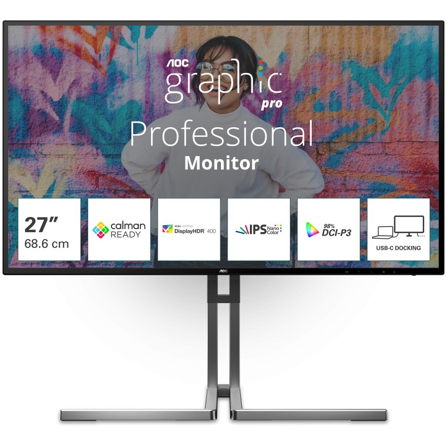 Monitor AOC, 27", Nano, IPS, 4K, UHD, 60Hz, 4ms, HDR400, FlickerFree, Boxe 3W x 2, HA, Pivot, HDMI, DisplayPort, USB, hub, USC-C, KVM, RJ45, U27U3CV, Negru