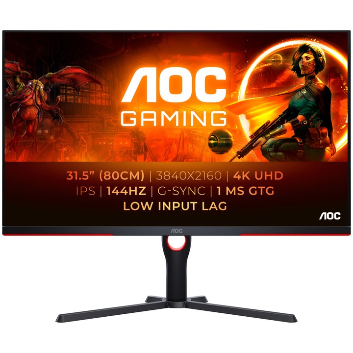 AOC U32G3X/BK Gaming monitor, 31,5", IPS, 4K, UHD, 144 Hz, 1 ms, HDR400, FlickerFree, HA, Pivot, HDMI, DisplayPort, fekete