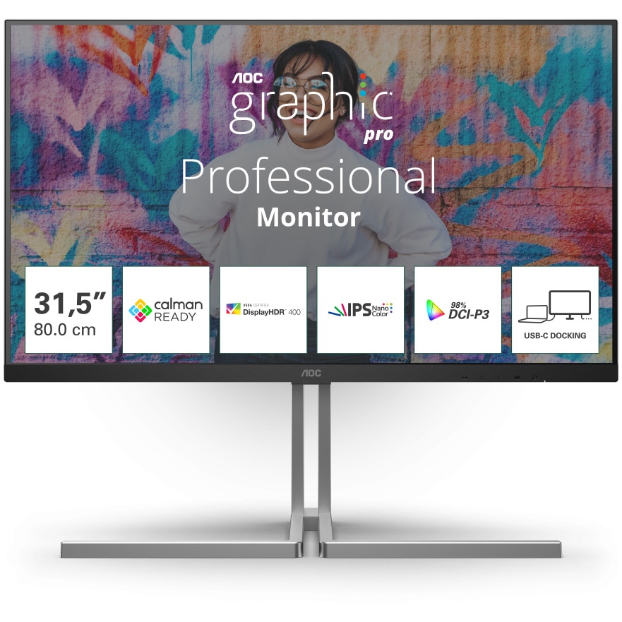 Monitor AOC, 31.5", Nano IPS, 4K, UHD, 60Hz, 4ms, HDR400, FlickerFree, Boxe 3W x 2, HA, Pivot, HDMI, DisplayPort, USB, hub, USC-C, KVM, RJ45, U32U3CV, Negru