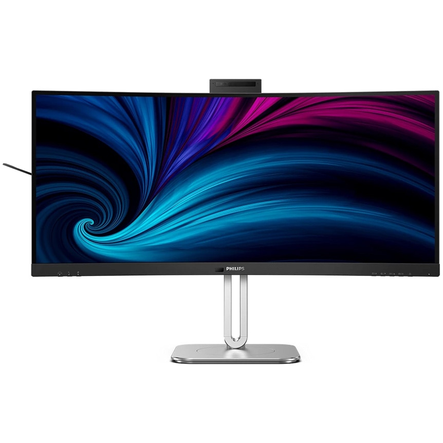 Monitor PhilipsCurbat , 34", VA, WQHD, 120Hz, 4ms, HDR400, FlickerFree, 2 x boxe 5W, Webcam, HA, HDMI, DisplayPort, USB, hub, USC-C, KVM, RJ45, Negru