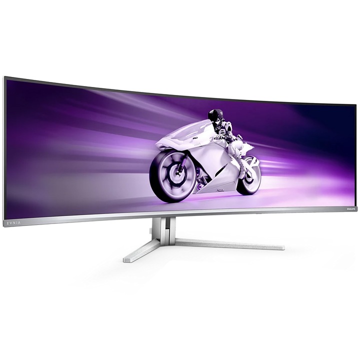 Monitor Gaming Philips EVNIA Curbat, 48.8", QD-OLED, DQHD, 240Hz, 0.03ms, HDR400, TrueBlack, FlickerFree, Boxe 7.5W x 4 + DTS, HA, HDMI, DisplayPort, USB, hub, USC-C, KVM, Ambiglow, Alb, 49M2C8900/00, Negru