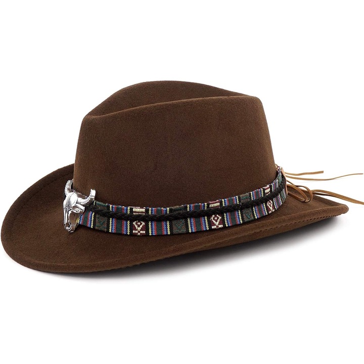 Unisex Deformálható Cowboy Kalap Western Cowgirl Outback Fedora Cattleman Kalap Fonott Szalaggal és Barna Bika Koponyával