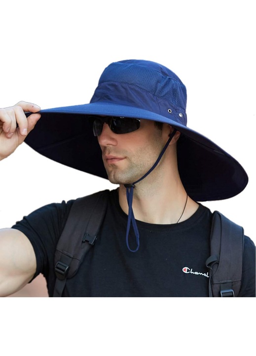Palarie cu bor lat, UPF 50, impermeabila, albastra, dimensiune ajustabila