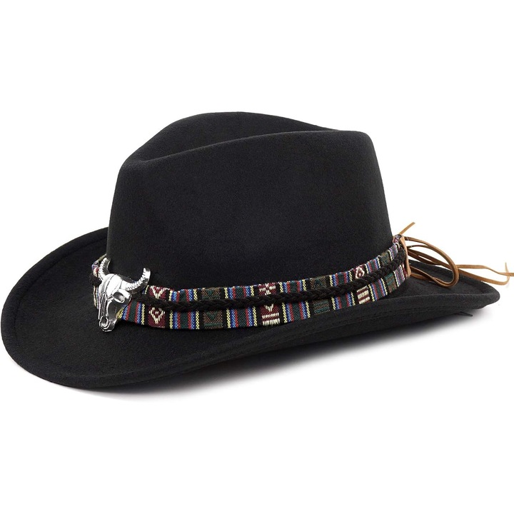 Deformálható uniszex cowboy kalap Western Cowgirl Outback Fedora cattleman fonott szalaggal és fekete bikakoponyával