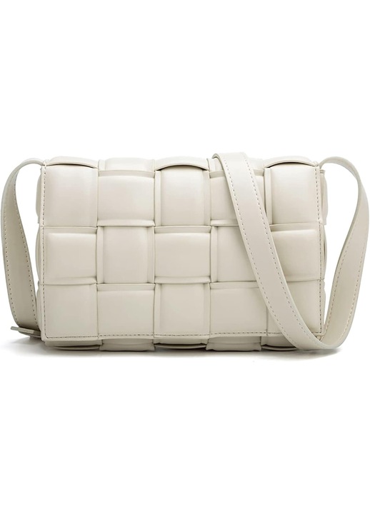 Női válltáska, vízálló PU bőr, fonott kivitel, bézs, 22x8x14cm