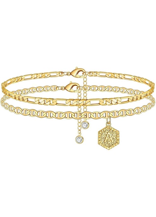 Set 2 bratari de glezna cu initiala, placate cu aur 14K, ajustabile, multistrat, hipoalergenice, 21.5x5cm