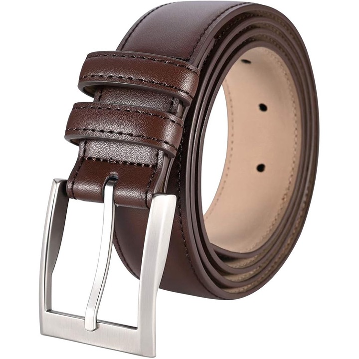 Curea barbateasca din piele, maro, cu 7 gauri de ajustare, set cadou