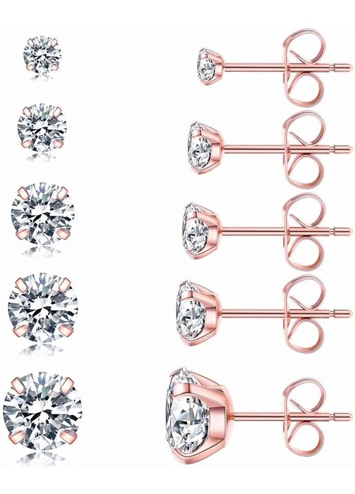 Set de 5 perechi cercei cu zirconiu cubic, inox 316L, 3-8mm, auriu roz