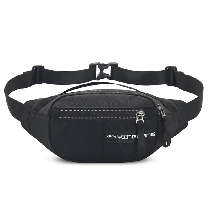 Unisex, vízálló, fekete sporttáska futáshoz és szabadtéri tevékenységekhez, nagy főrekesszel és cipzáras zsebbel.