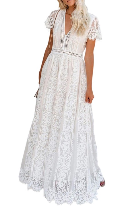 Rochie de mireasa pentru femei cu decolteu in V din dantela florala, cu maneci scurte, pentru petrecere de seara, poliester nylon alb, XL INTL