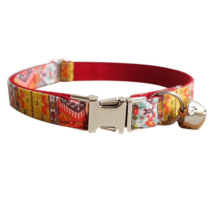 Zgarda pisica cu clopotel, separare siguranta, rosu Bohemia, set cadou