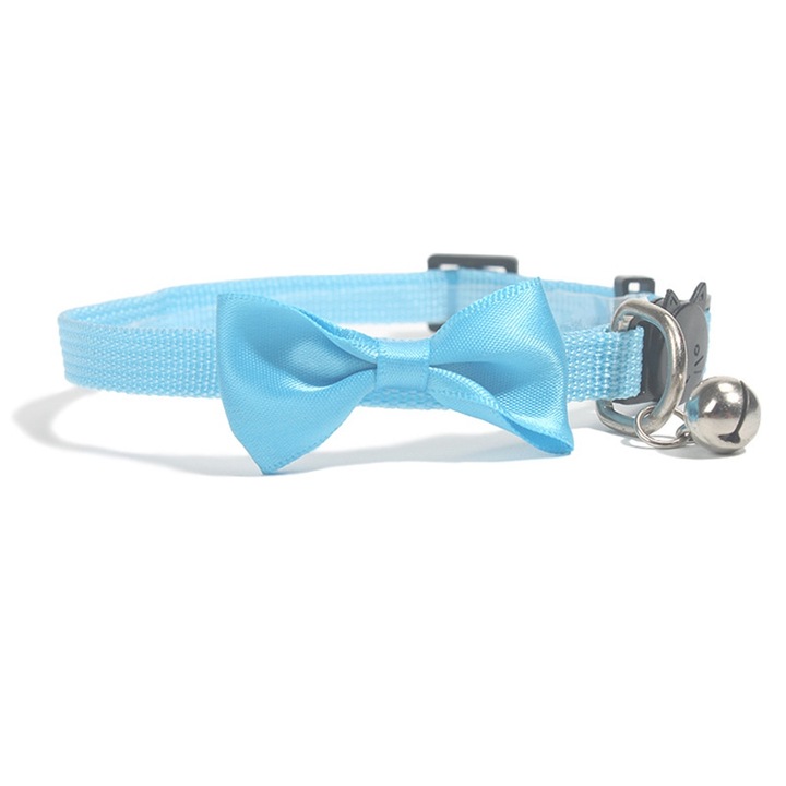 Set 2 Zgarzi pentru pisici, Poliester, Papion si clopotel, Reglabil 20-30 cm, Albastru