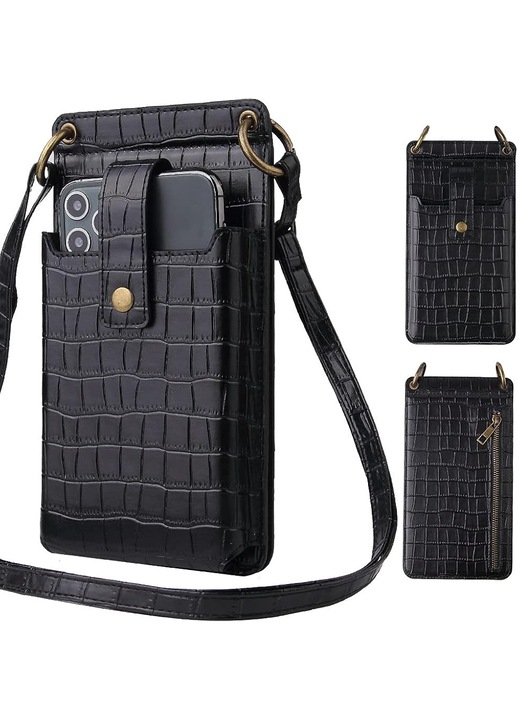 Telefon válltáska, PU bőr, fekete, tükör és kártyanyílások, 125,7x65 cm