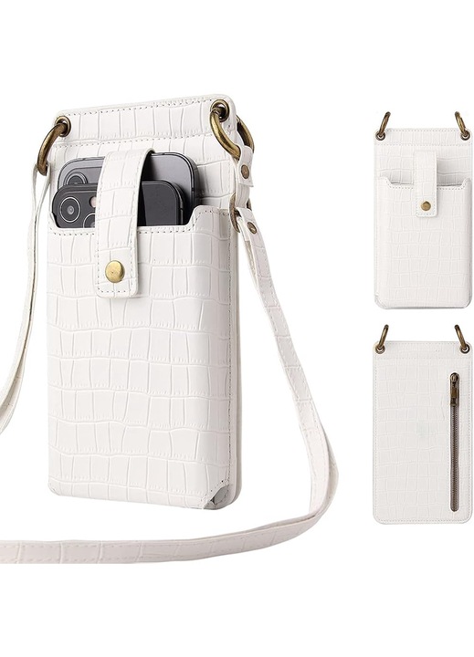 Telefonos válltáska, fehér, kártyanyílással és tükörrel, állítható 49,2-25,6 hüvelyk