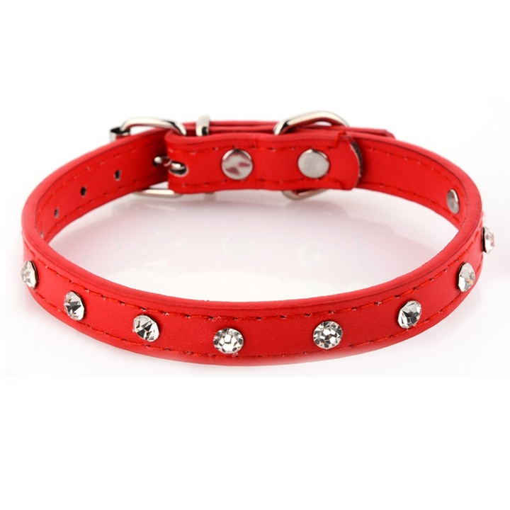 Zgarda din piele naturala pentru pisici, rosu, usoara si rezistenta, cu inel din otel