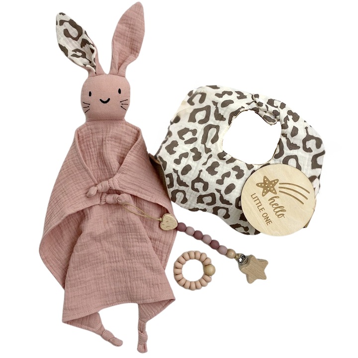 Szett újszülötteknek és babáknak 100% organikus pamut muszlinból, rózsaszín színben