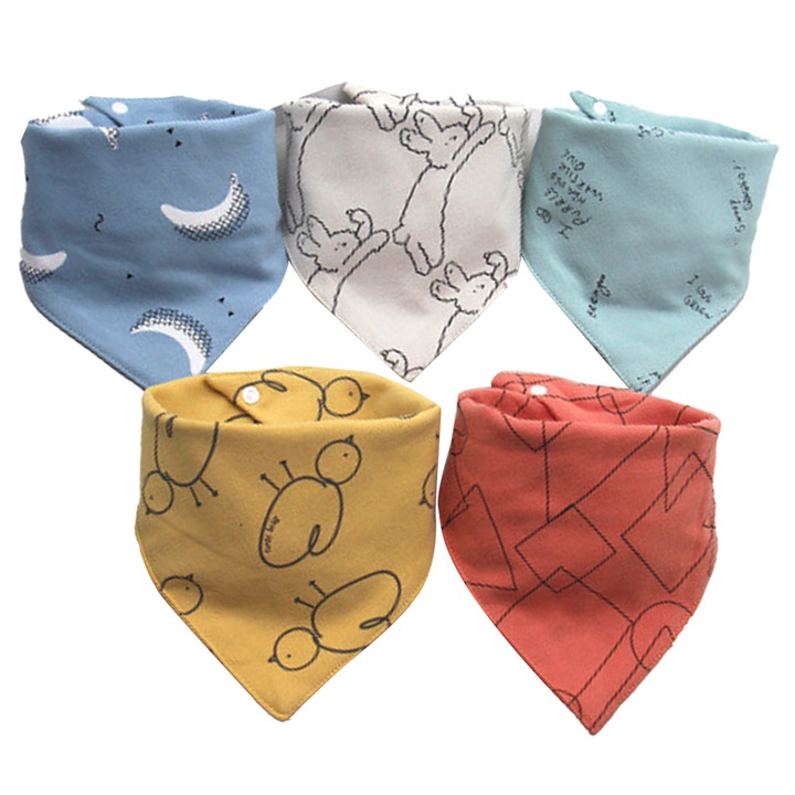 Set 5 prosoape bavete bebelusi, bumbac dublu strat, reversibile, multicolor