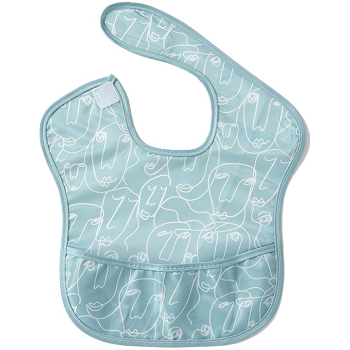 Baveta impermeabila pentru bebelusi, fata comica, pliabila, cu buzunar anti-cadere, bleu