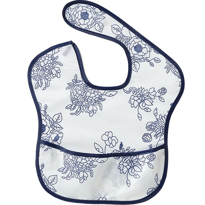 Baveta impermeabila pentru bebelusi, cu flori roz, usor de curatat, pliabil