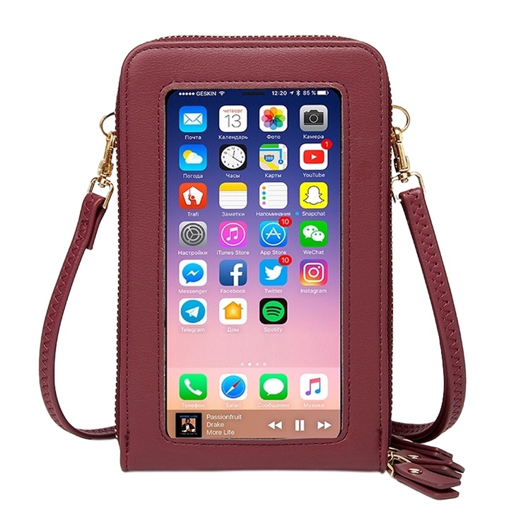 Női válltáska, három cipzárral, átlátszó bőr, Bor vörös, 11 x 18 cm