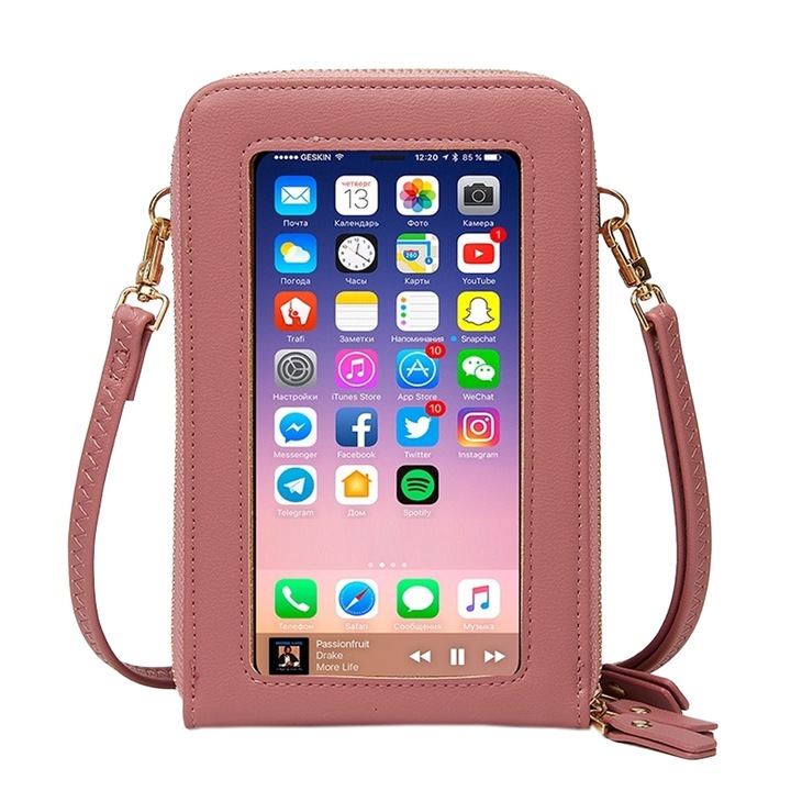 Női válltáska, három cipzárral, átlátszó bőr, Rózsaszín, 11 x 18 cm