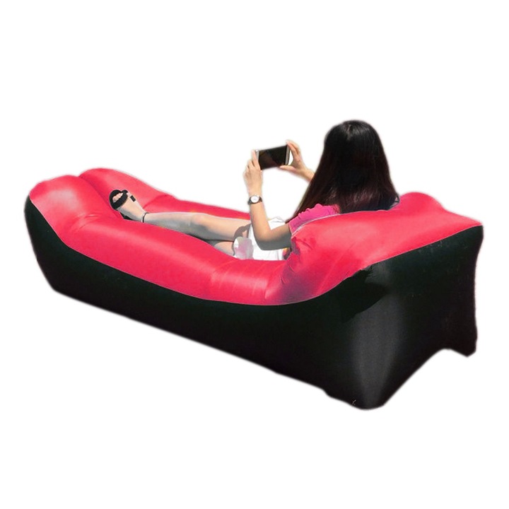 Saltea gonflabila tip hamac, portabila, rezistenta la apa si pierderi de aer, rosu mare, 180x88cm, cu husa de transport